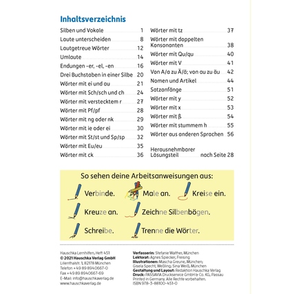 Inhaltsverzeichnis eines Übungshefts für Rechtschreibung in der 1. Klasse mit Aufgaben.