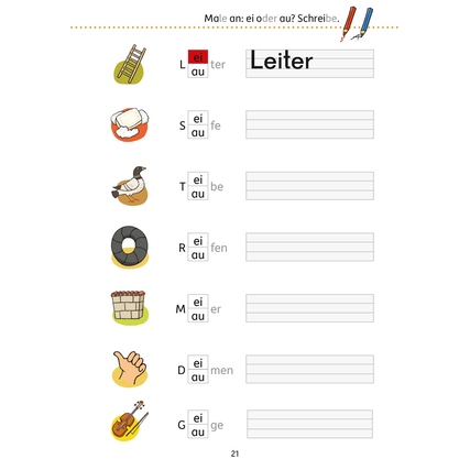 Übungsblatt mit Schreibübungen für Lautkombinationen, Bilder und leere Zeilen zum Ausfüllen.