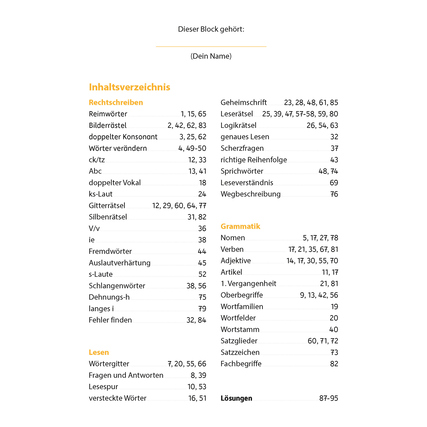 Inhaltsverzeichnis eines Übungshefts mit verschiedenen Rätsel- und Aufgabentypen für die 3. Klasse.