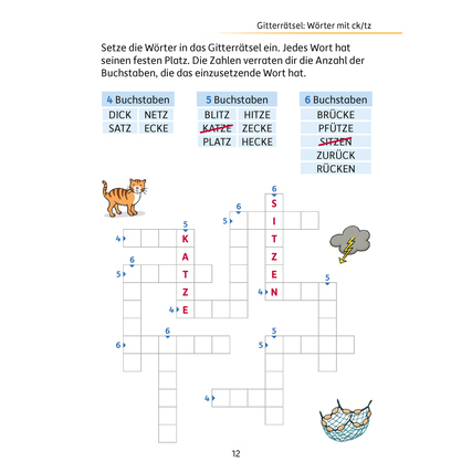 Gitterrätsel mit Katzenmotiv und Zahlenhinweisen zum Eintragen der Wörter.