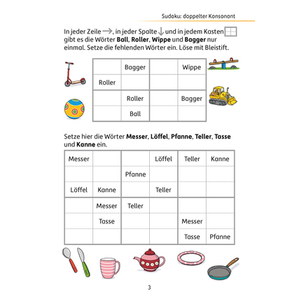 Rätselheft für die 3. Klasse mit Sudoku und Wortaufgaben auf einer Seitenansicht.