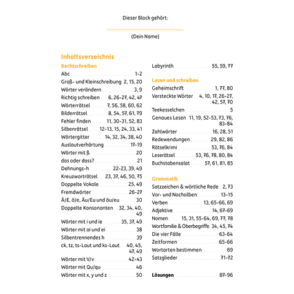 Inhaltsverzeichnis eines Übungshefts für die 4. Klasse mit verschiedenen Themen und Seitenzahlen.