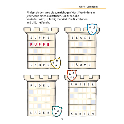 Illustration eines Übungsheftes mit Rätseln zur Wortveränderung für die 4. Klasse.