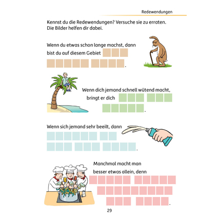 Übungsheft mit Rätseln und Illustrationen zu Redewendungen für die 4. Klasse.