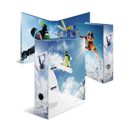 Ordner im DIN A4 Format mit Winter Sports Motiv, vorn und hinten bedruckt.