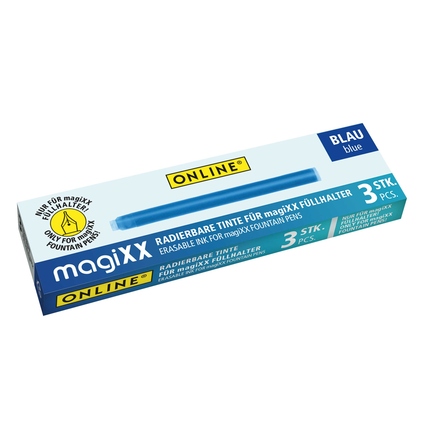Blaue Tintenpatronen in einer Verpackung mit drei Stück für magiXX Füllhalter.