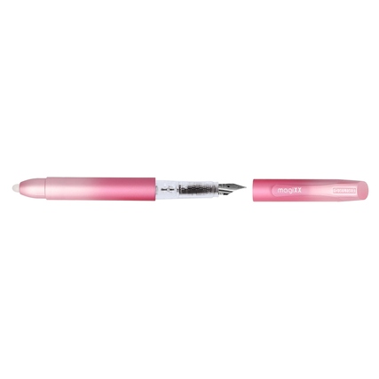 Füllfederhalter in Pink mit transparentem Schaft und abnehmbarem Kappenstück.