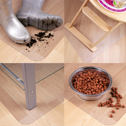 Bodenschutzmatte in verschiedenen Anwendungsszenarien, z.B. unter Stuhl und Futternapf.