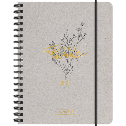 Schülerkalender 2025/2026 mit botanischem Design und Spiralbindung in neutralem Farbton.