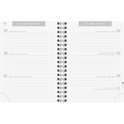 Offene Doppel-Seitenansicht eines Schülerkalenders für die Jahre 2025/2026 mit Wochenübersicht.