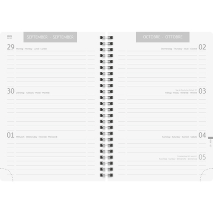 Geöffneter Schülerkalender 2025/2026 mit Wochendarstellung und Platz für Notizen.