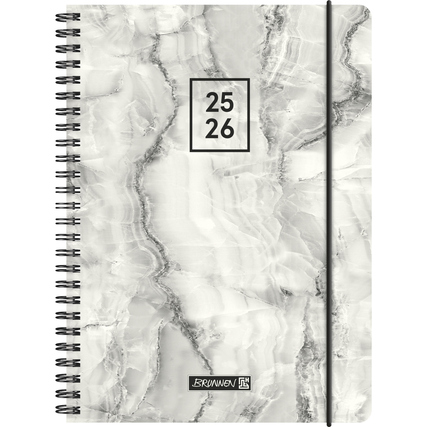 Schülerkalender 2025/2026 mit grauem Marmor-Design und Spiralbindung.