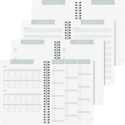 Schülerkalender 2025/2026 mit Spiralbindung und diversen Layouts für Notizen und Planung.