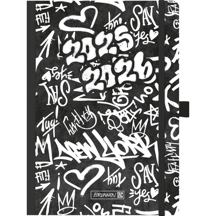 Schülerkalender 2025/2026 mit Graffiti-Design auf schwarzem Hintergrund.