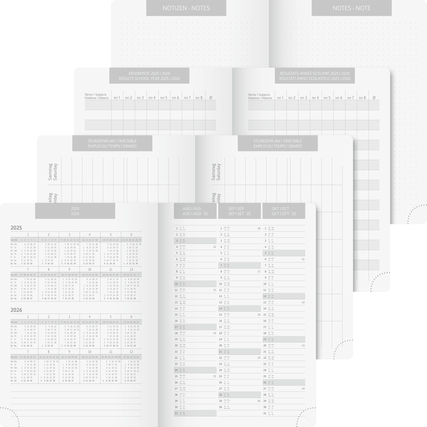Schülerkalender mit verschiedenen Seitenansichten und übersichtlichen Notizen.