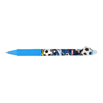 Blauer Gelschreiber mit Fußball-Design und Radiergummi an der Spitze.