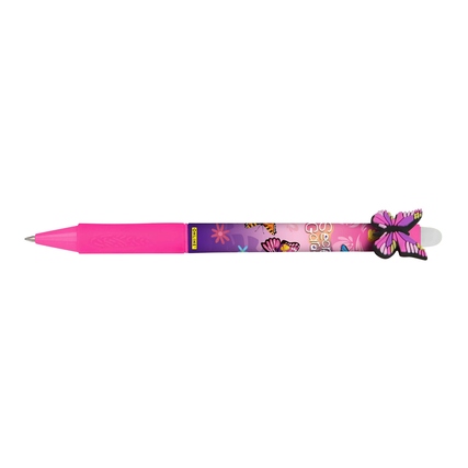 Pinkfarbener Gelschreiber mit Schmetterlingsdesign und radierbarem Stiftkopf.