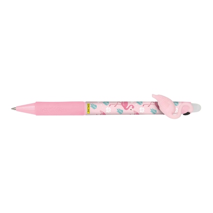 Rosa Gelschreiber mit Flamingo-Design und Radiergummi an der Kappe.