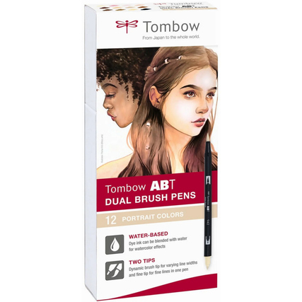 Packung mit 12 aquarellierbaren Pinselstiften mit zwei Spitzen in verschiedenen Farben.