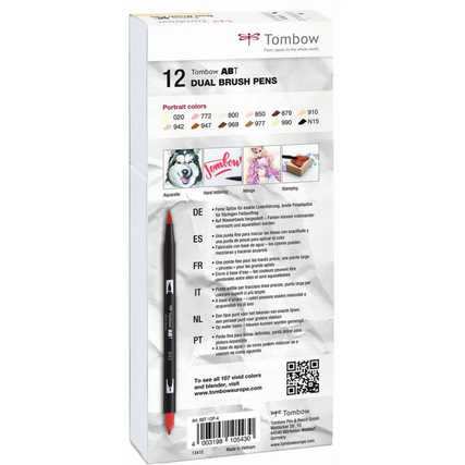 Tombow Pinselstifte ABT Dual Brush in 12 Farben auf der Verpackungsrückseite abgebildet.