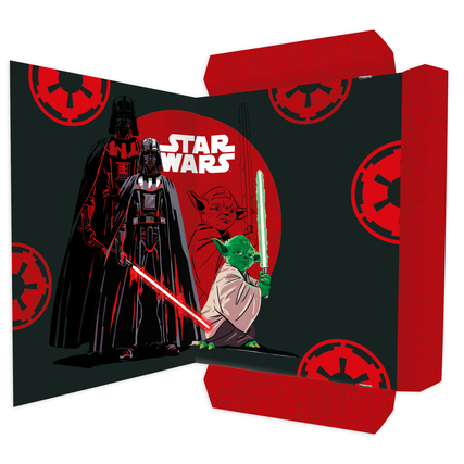 Zeichenmappe aus Karton mit Star-Wars-Design und Gummizugverschluss, aufgeschlagen.