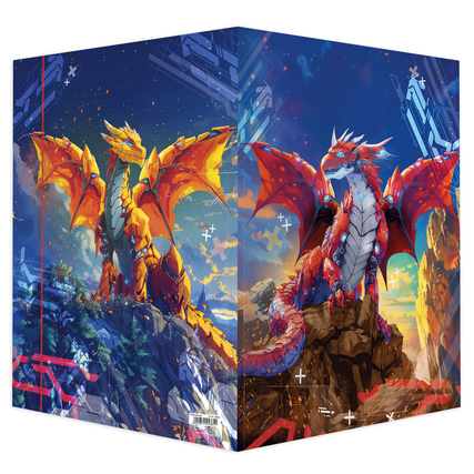 Zeichenmappe mit Illustrationen von Drachen, buntem Druck und Gummizugverschluss.