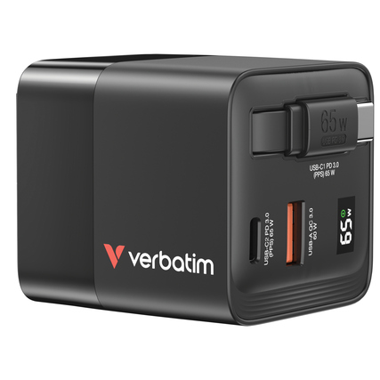 Verbatim GaN 65 W Ladegerät mit USB-C- und USB-A-Anschluss sowie integriertem Kabel.
