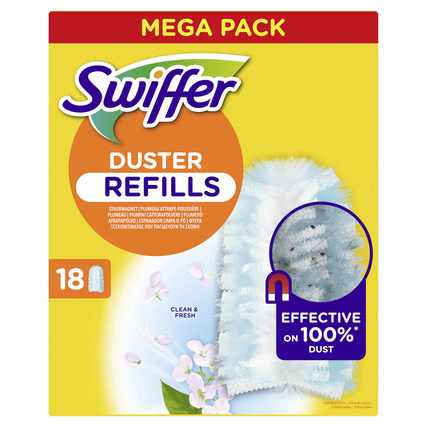 Nachfüllpack mit 18 Swiffer Staubtüchern in blauer Farbe auf gelbem Hintergrund.