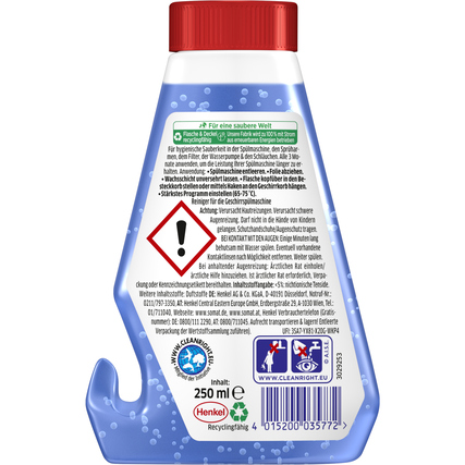 Flasche Somat Spülmaschinenreiniger 5in1 mit Rückansicht und Warnhinweisen auf der Etikettierung.