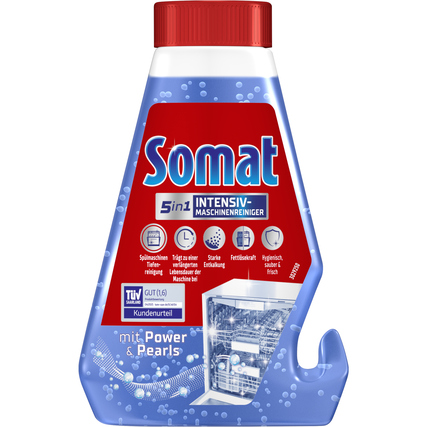 Flasche mit Somat Spülmaschinenreiniger 5in1 in roter und blauer Verpackung mit Sprudel-Design.