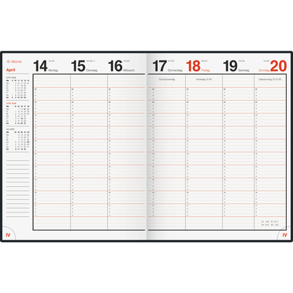 Blick auf die offenen Seiten eines schwarzen Buchkalenders für die Woche im Jahr 2026.