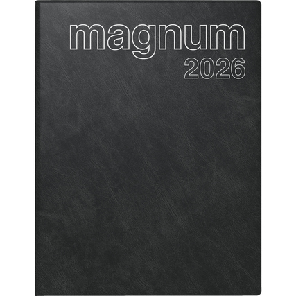 Schwarzer Buchkalender 'magnum 2026' mit schlichtem Design und eingeprägtem Titel.