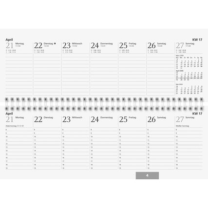 Querkalender mit Wochenansicht für April 2026, Spiralbindung und klaren Layout.