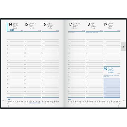Geöffnetes Seitenlayout eines Buchkalenders für das Jahr 2026 mit Datum und Platz für Einträge.