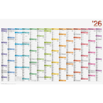 Farbenfroher Plakatkalender 2026 mit Monatsübersicht und Wochenzahlen.