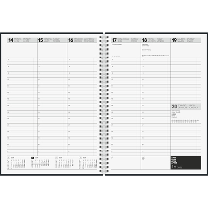 Buchkalender mit Wochendarstellung für 2026, spiralgebunden und aufgeschlagen.