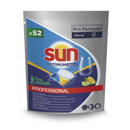 Packung mit SUN Spülmaschinentabs Optimum All in 1 Professional mit 52 Kapseln und Grafiken.