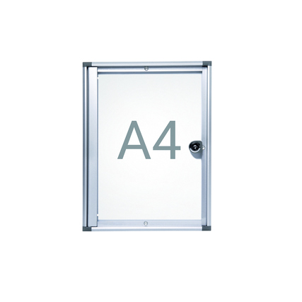 Flacher Schaukasten für DIN A4 mit transparentem Deckel und praktischer Verschlussmechanik.