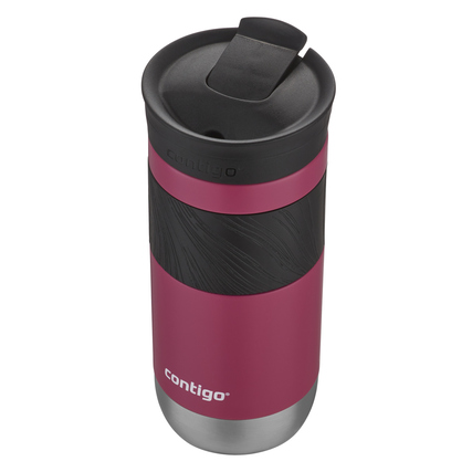 Rosa-matter Thermobecher mit schwarzem Griff und SnapSeal-Verschluss, von oben betrachtet.