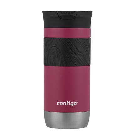 Rosa mattierter Thermobecher mit schwarzem gummiertem Griff und SnapSeal-Verschluss.