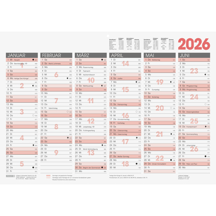 Tafelkalender für das Jahr 2026 mit Monatsübersicht und Feiertagen.
