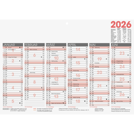 Tafelkalender 2026 im Querformat mit Monatsübersicht von Januar bis Juni.