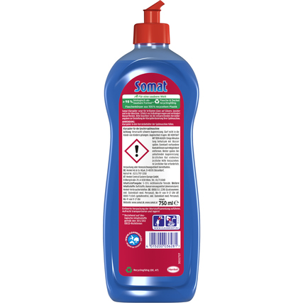 Rückansicht einer Flasche Somat Klarspüler mit Sicherheits- und Gebrauchshinweisen.
