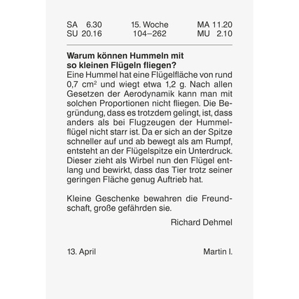Abreißkalenderblatt mit Text über Hummeln und Flugphysik, datiert auf den 13. April.