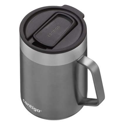 Grau-silberner Thermobecher mit rutschfestem Boden und spritzfreiem Deckel, obere Ansicht.