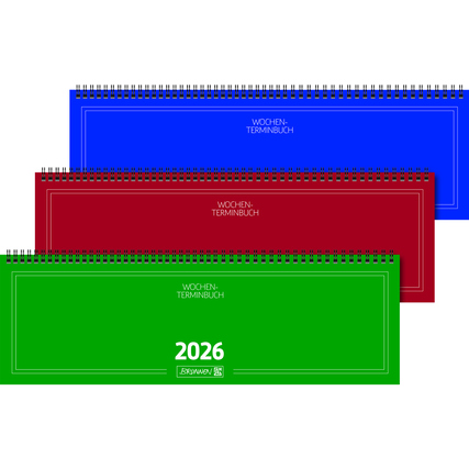 Drei Querkalender in den Farben Blau, Rot und Grün, jeweils für das Jahr 2026.
