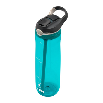 Türkise Trinkflasche mit schwarzem Deckel und Karabinerhaken in leicht schräger Ansicht.