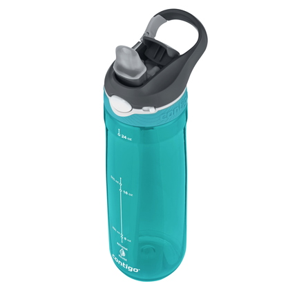 Türkise Trinkflasche mit AUTOSPOUT™ und Karabinerhaken, sichtbar ist der Deckel mit Ausguss.
