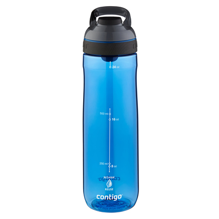 Transparente blaue Trinkflasche mit Zähler und schwarzem Deckel, aus bruchsicherem Kunststoff.