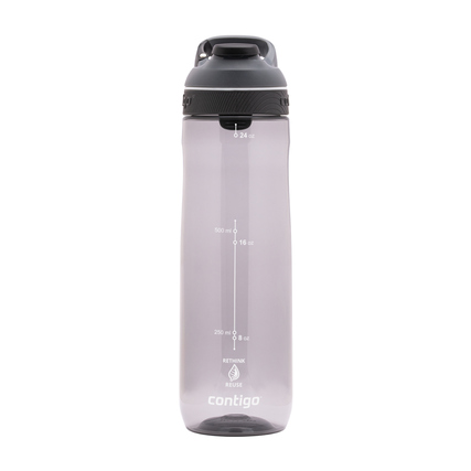 Transparente Trinkflasche aus Kunststoff mit Deckel und Volumenmarkierungen.